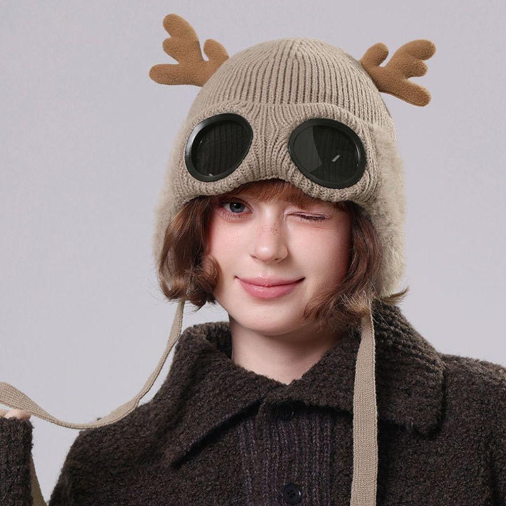 Solid Color Reindeer Antler Hat Warm Plush Ear Flaps Backpack Accessories