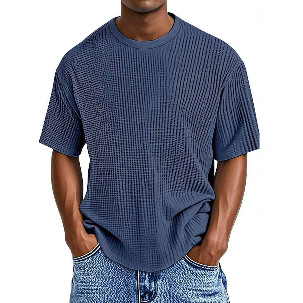 Men's Vertical Striped Textured Crew Neck T-Shirt Loose Fit Breathable Short Sleeve Casual Tee
