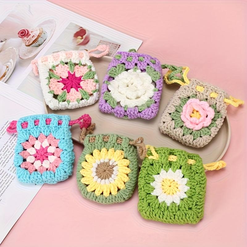 Cute Sunflower Drawstring Bag - Hand-Woven Coin Purse, Earphone Wallet with Crochet Protective Case, Storage Pouch, Handbag