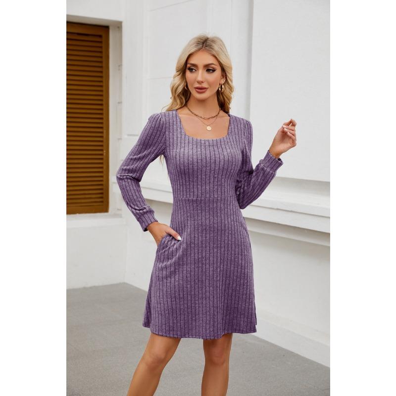 Summer New Product Square Neckline Bag Knitted Sweater Long-sleeved Casual Dress Female YDJR6666