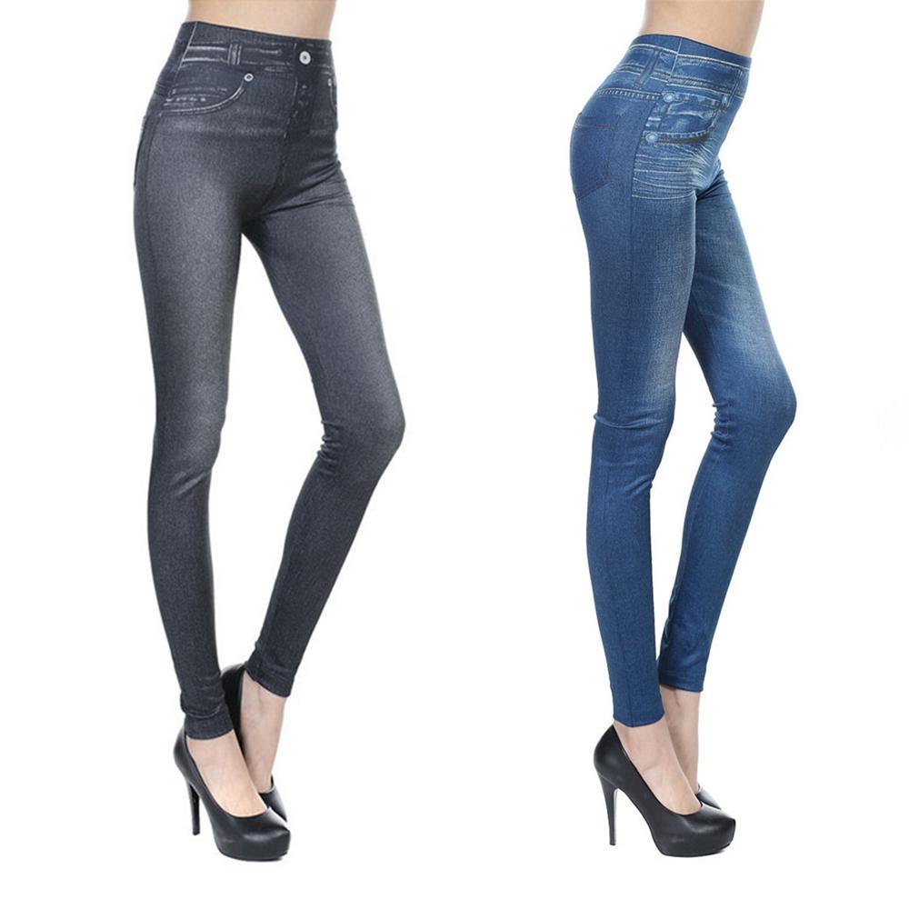 Lady's Denim Print Fake Jeans Look Like Leggings Seamles Sexy Stretchy High Waist Slim Skinny Jeggings with Pockets Full Length