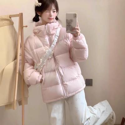 Rosa Daunenbaumwollkleidung Damen kurz Winter neu Kapuze locker Brot warm Paar verdickter Mantel