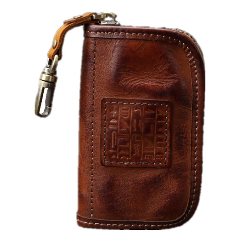 First Layer Cowhide Retro Key Bag Change Card Bag Waist Hanging Multi-Functional Storage Bag Men'S And Women'S Large-Capacity Change Bag