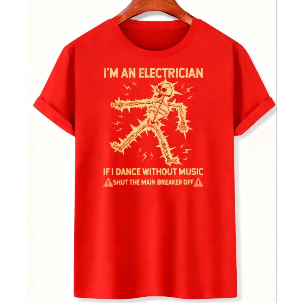Black Electrician Skeleton Humor T-Shirt ‘Shut The Main Breaker Off’ Graphic Casual Tee for Electric Enthusiasts Trendy Outfits