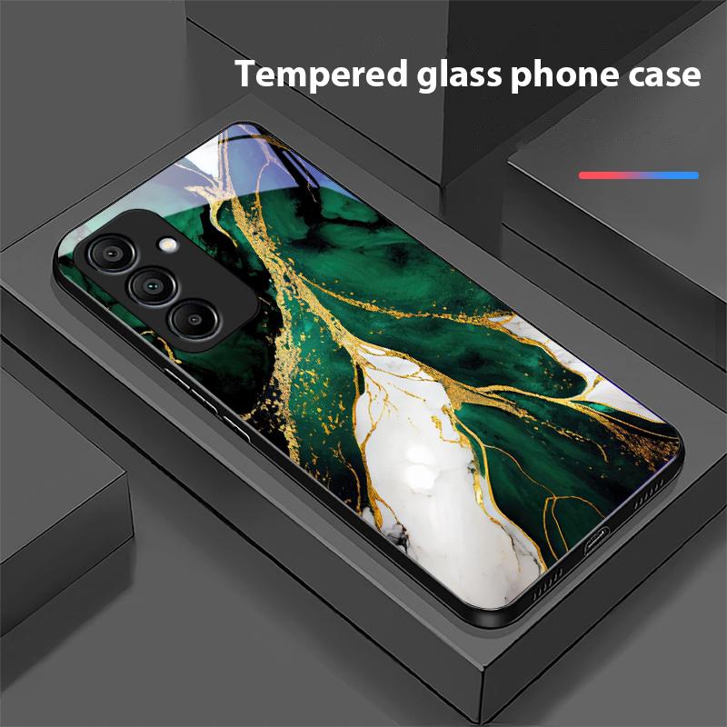 Green Marble For Samsung Galaxy A15 5G 54 4G 51 50 24 35 90 71 12 51 53 52S 80 22 34 Black Tempered Glass Phone Case