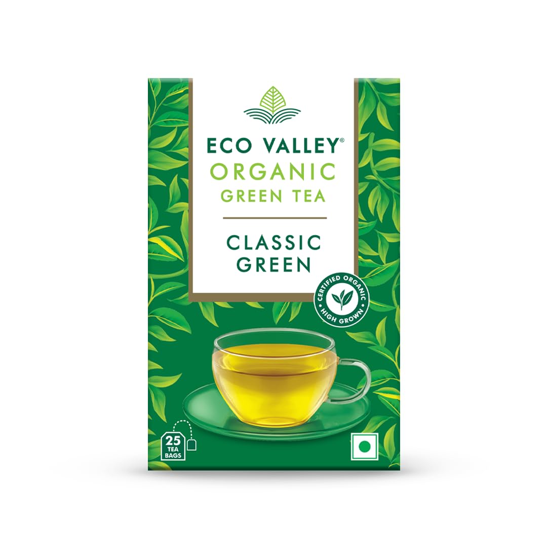 Eco Valley Organic Green Tea - Classic Green- 25 Tea Bags | Boost Energy, Helps Burn Body Fat | Grown in Nilgiris | Zero Calories | Rich in Antioxi