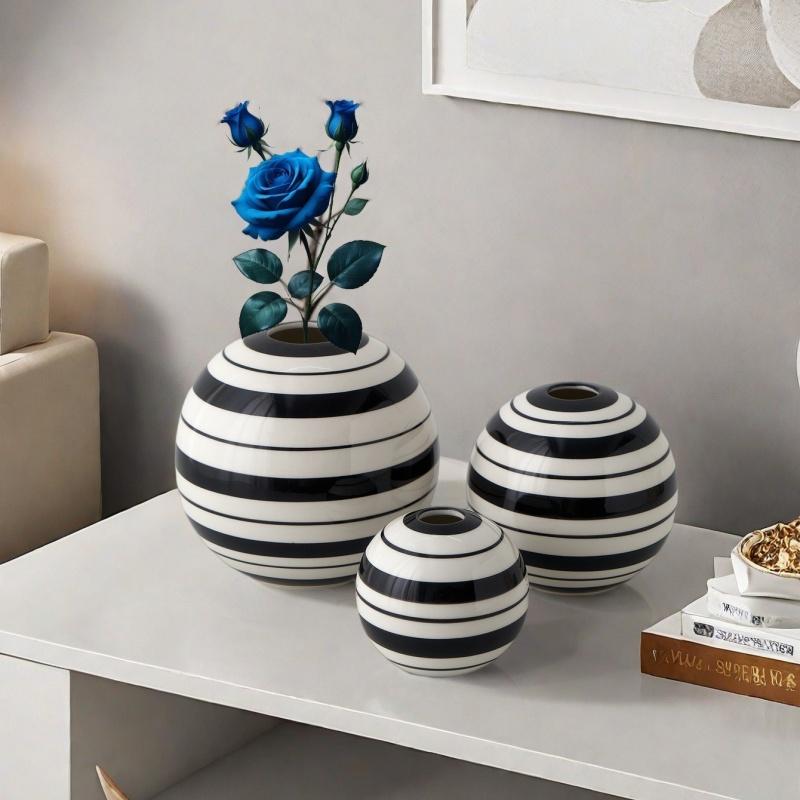 Ceramic Vase Black and White Striped Round Ball Geometric Lines Flower Vase Flower Arrangement Accessories Home Decoration