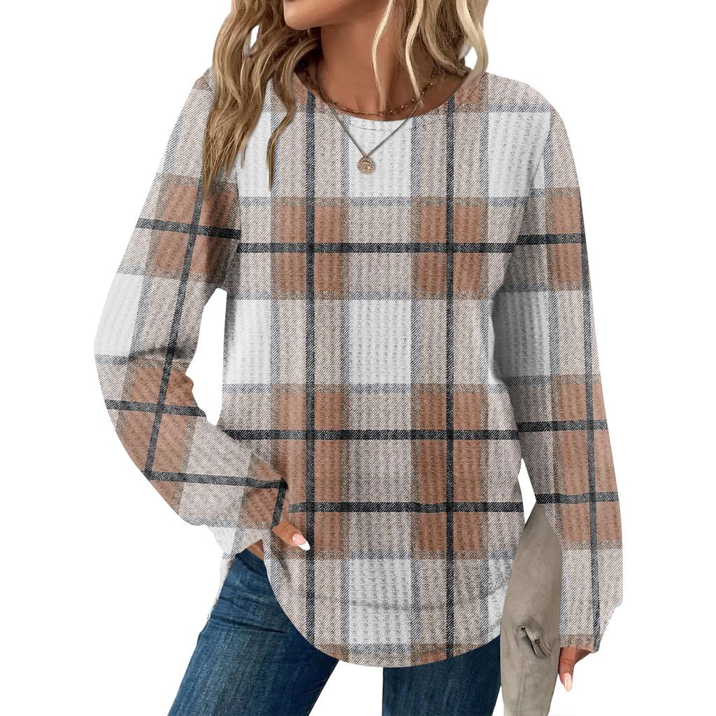 Damrutig tryck rund hals långärmad ledig lös topp