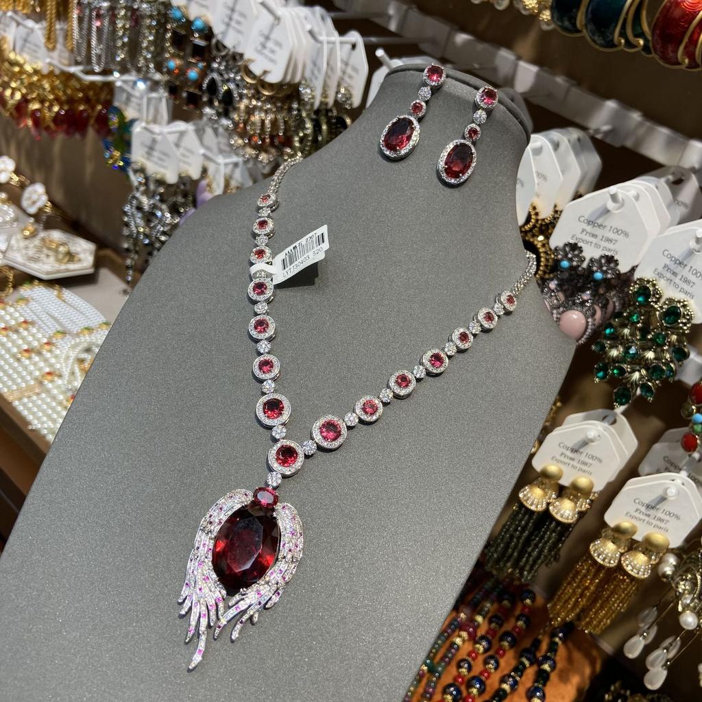 Jewelry Exaggerated Vintage Feather Necklace Earrings Red Big Gem Wings Necklace Fashion Collarbone Chain