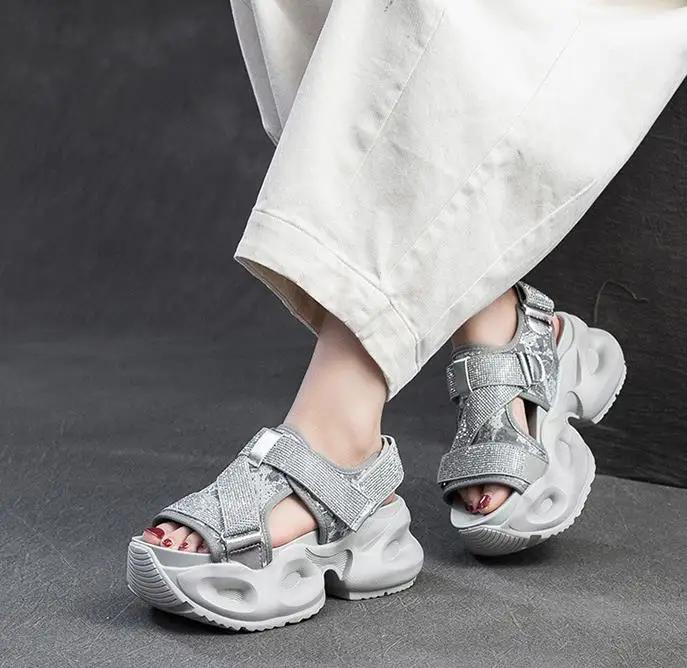 Fashion 6.5CM Synthetic Leather Summer Bling Mixed Color Fsahion Peep Toe Hollow Platform Wedge Chunky Sneaker Women Comfy Shoes