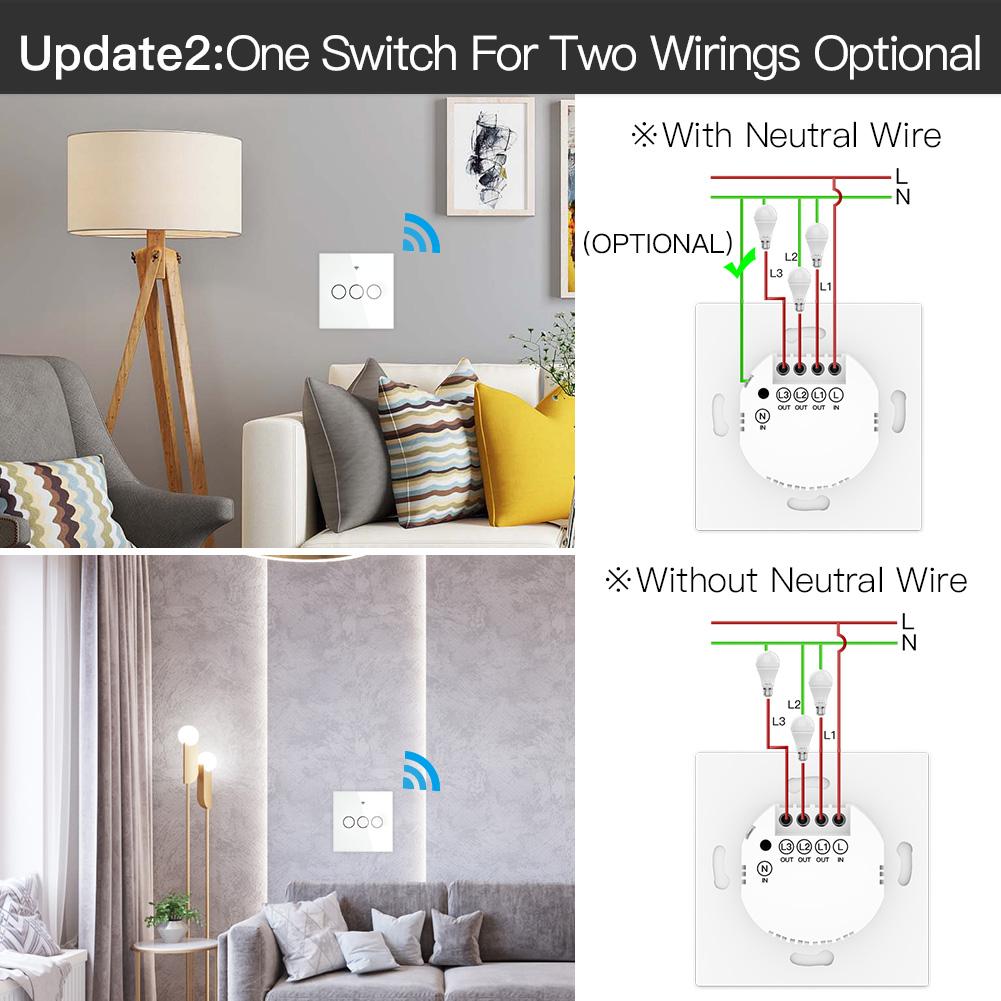 מתג אור חכם ZigBee קיר מגע עם חוט ניטרלי / ללא חוט ניטרלי, ללא קבל נדרש Smart LifeTuya 2/3 Way Muilti-Control