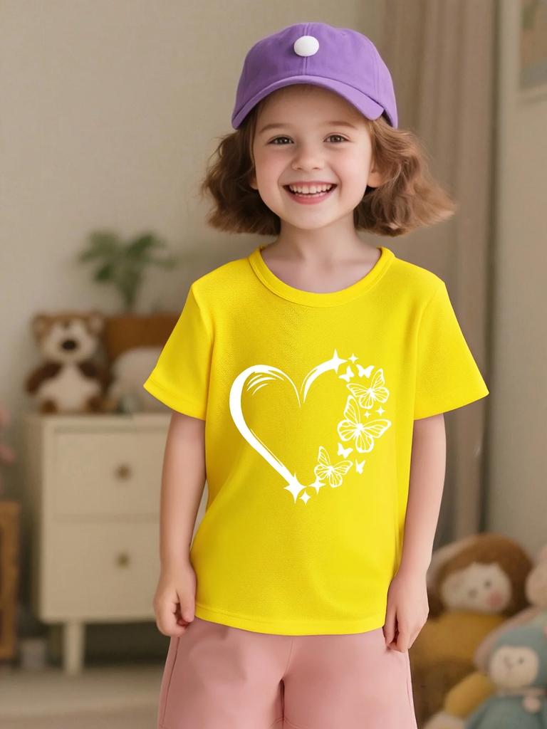 Girls White Heart Butterfly Print Short Sleeve T Shirt Cute Romantic Graphic Toddler Kids Casual Summer Tee Top