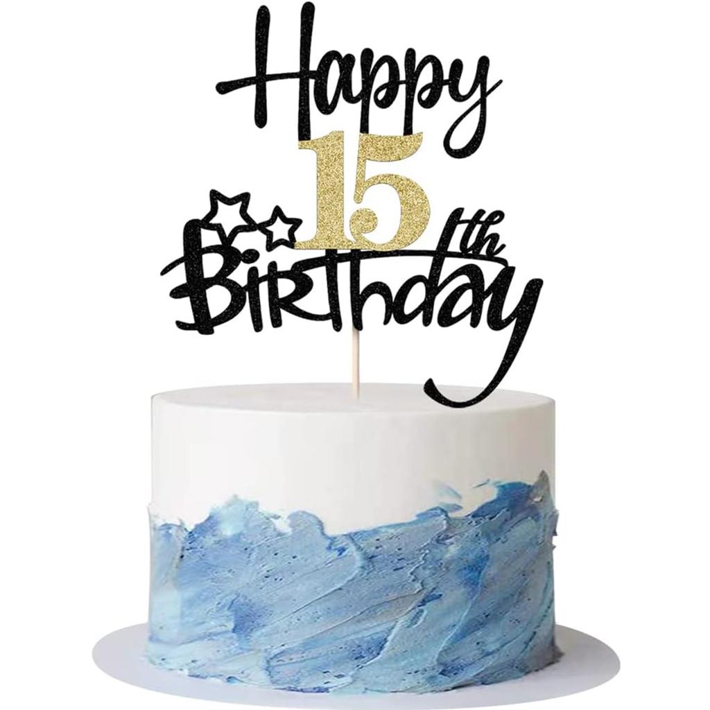 2 STÜCKE Gold Schwarz Happy15th Birthday Cake Topper für Geburtstagstortendekorationen für Jubiläumsfeier Dekorationen Zubehör