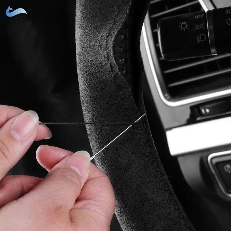 Universal 38cm Hand-stitched Black Suede Leather Car Interior Braid Steering Wheel Cover with Needles and Threads Kits