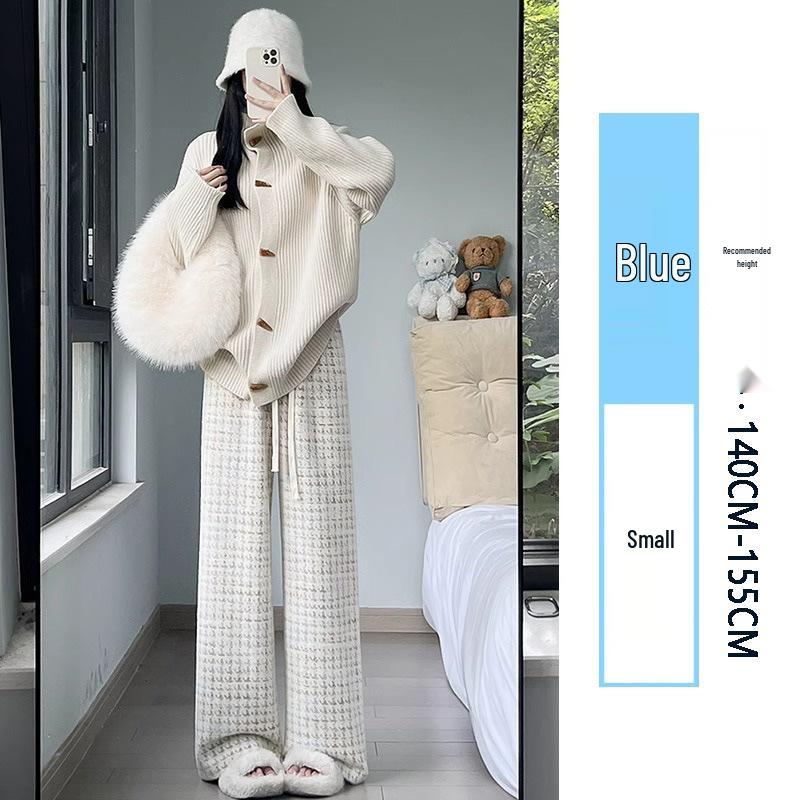 Women's High-Waist Plaid Houndstooth Velvet Pants - Coffee Blue, Wide-Leg, Wool Blend, Petite, for Autumn/Winter