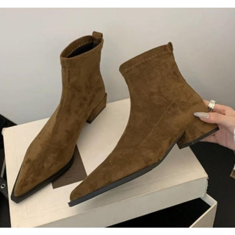 

Женские ботильоны Темпераментный Острый носок Короткие ботинки Высокое качество Замша Ретро Ботильоны Облегающие Эластичные Короткие ботинки Botas Mujer 36 коричневый