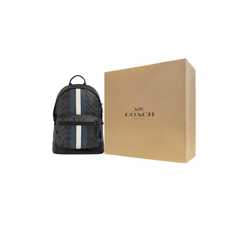 Coach Zaino Grande Capacità West 35 Classic Monogramma Blu e Bianco a Strisce Zaino da Uomo Nero Grigio 3001-QBOH0