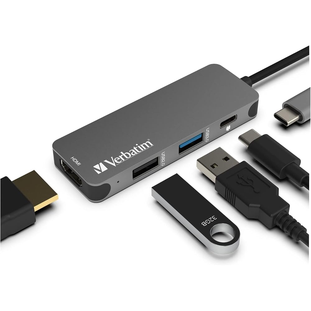 Verbatim 4-in-1 USB-C Hub - Type C Hub with 60W Power Supply, USB 3.0 & 2.0 Ports, 4K HDMI Output, Compact & Portable USB Hub for Laptops