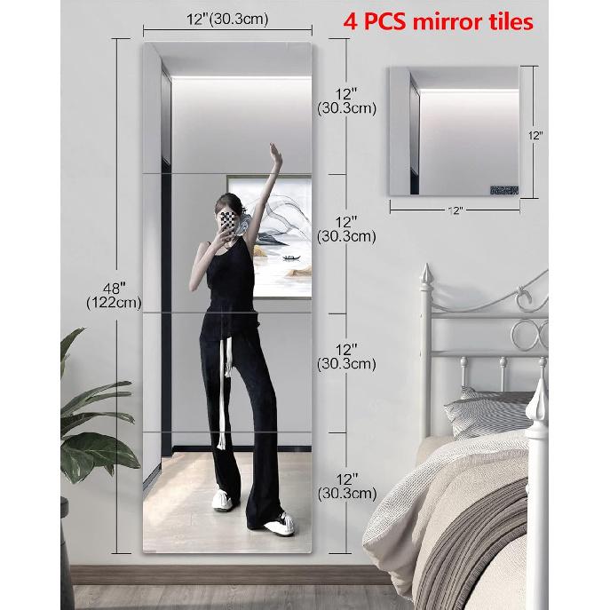 Shatterproof Wall Mirror Full Length for Bedroom, Acrylic Gym Mirrors For Home, Extra Thick: 0.12 inch, 12 x 12 inch x 4 Pcs, Workout Mirrors Safe
