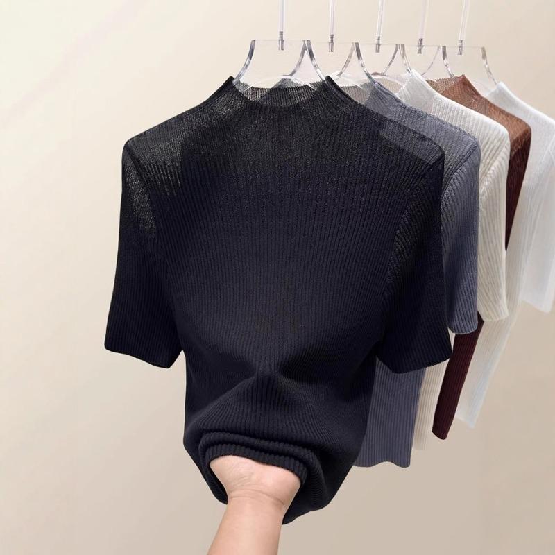 

2025 Летняя полуводолазка с короткими рукавами из сетчатой ткани, трикотажная блузка для женщин, модная элегантная облегающая тонкая ажурная рубашка, новая офисная женская рубашка, женская одежда One size чёрный