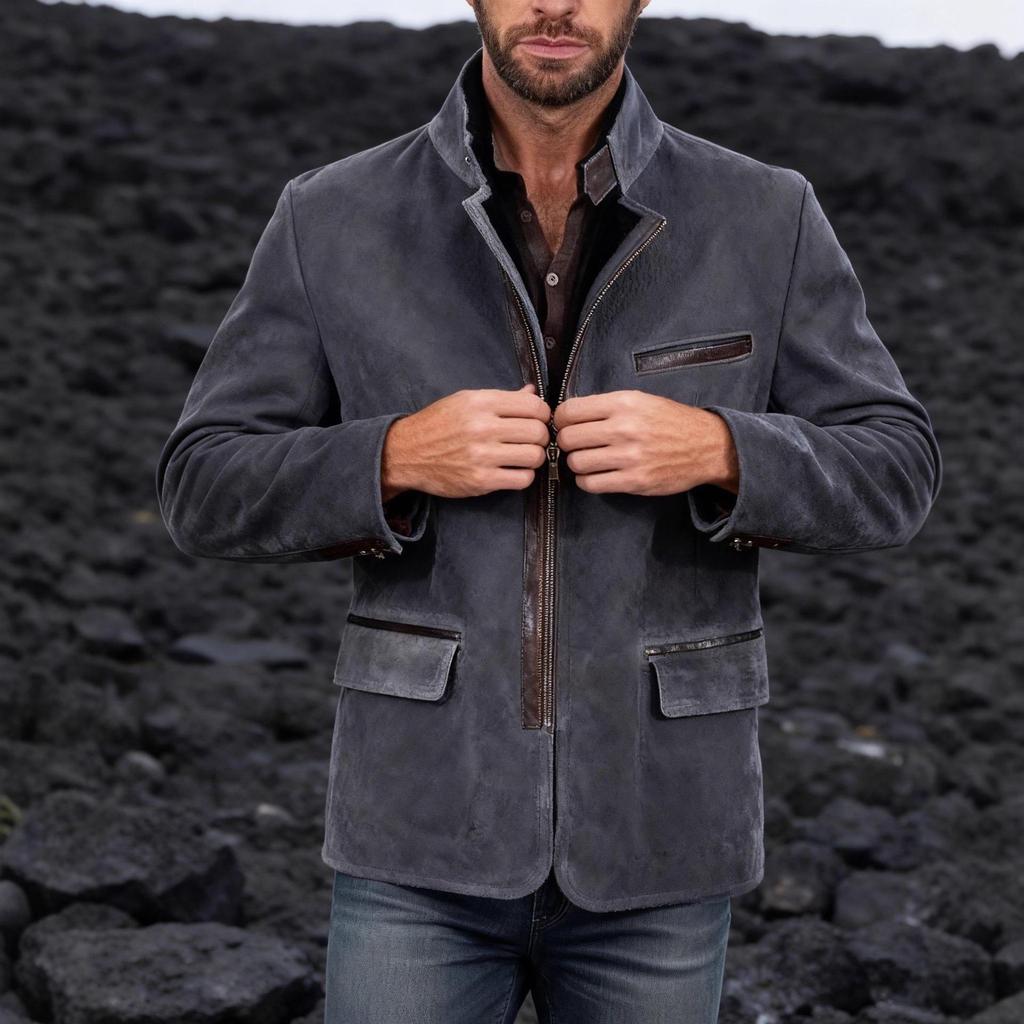 Men's Solid Color British Style Fitted Zipper Jacket with Flap Pockets