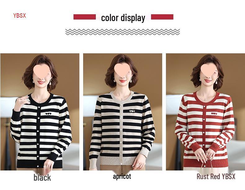 Mom's 2025 Autumn Striped Long-Sleeve Knit Sweater for Middle-Aged & Elderly Women