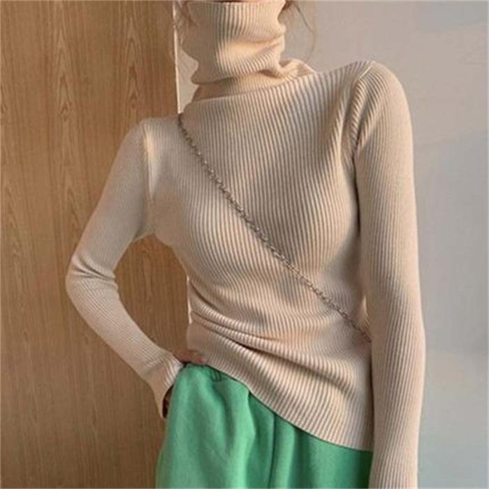 Women's Solid Color High Neck Thumb Hole Turtleneck Sweater - Autumn/Winter Stylish Thick Knit Long Sleeve Base Layer