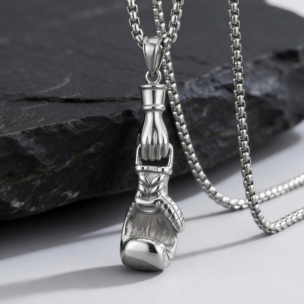 New Boxing Gloves Necklace for Men,Retro Silver Color Stainless Steel Punk Pendant Necklace,Fashion Birthday Gift for Him