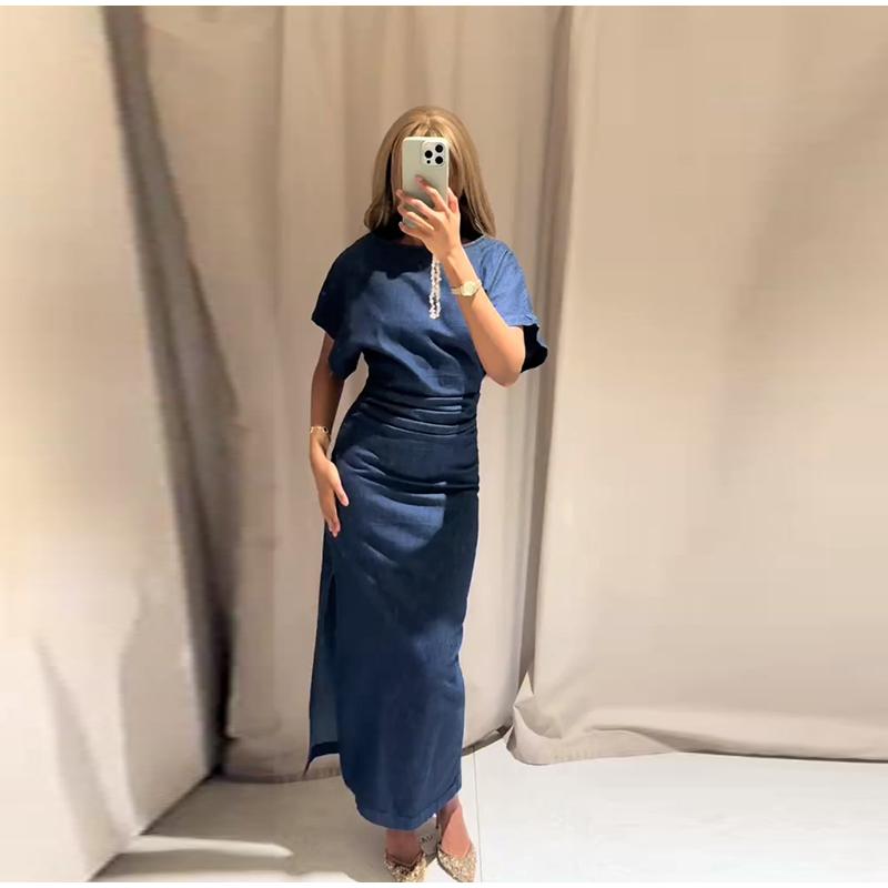 

Women s Pleated Short Sleeved Wide Round Neck Dress Solid Color Casual Design Style Lady Dress Summer New Outfit Women s Commuting Daily Wear L синій