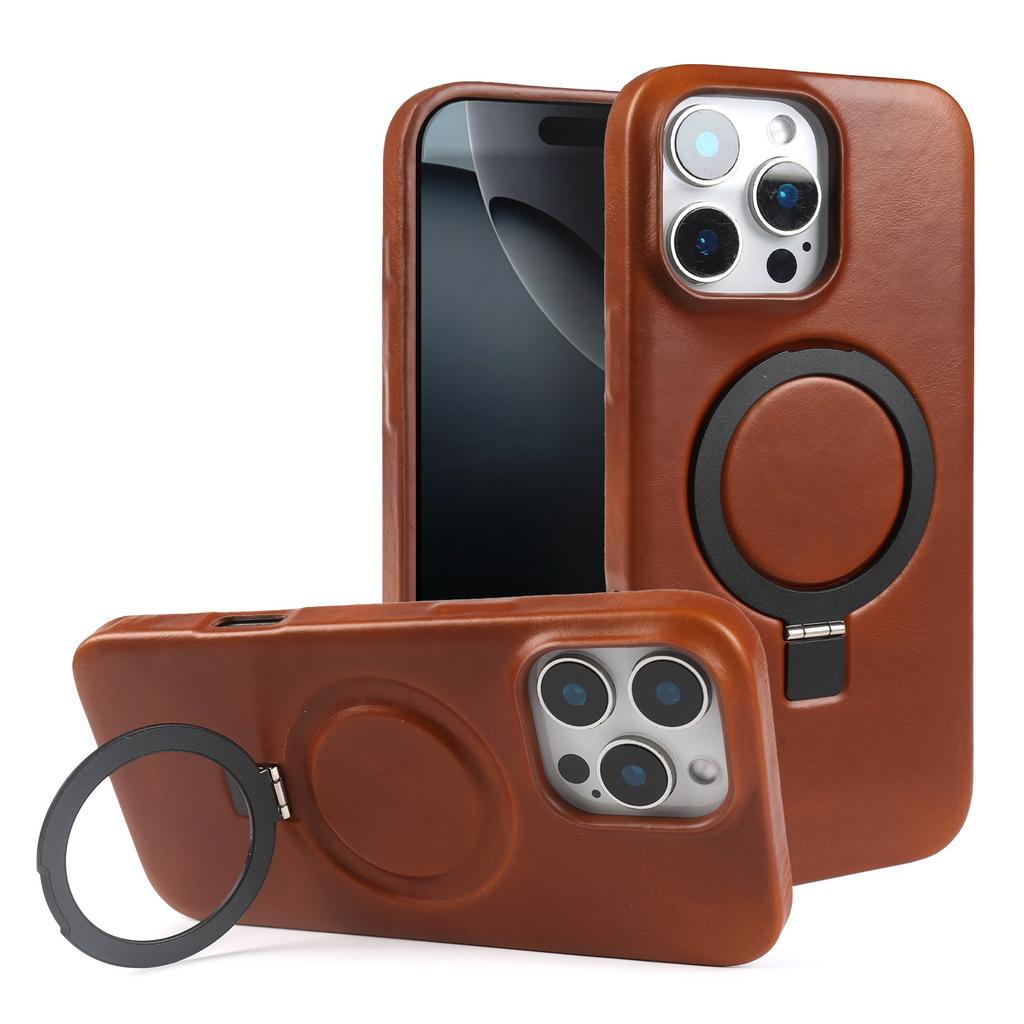 Stand Bracket Genuine Leather Case For iphone 16 Pro Max 16e 15pro 14 13 12 11 Full Wrapped Phone Cases Cover+Magnetic Holder