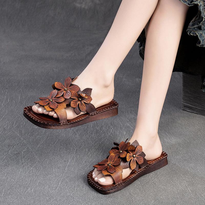 Fashion GKTINOO Flower Slippers Genuine Leather Shoes Handmade Slides Flip Flop On The Platform Clogs For Women Woman Slippers Plus Size