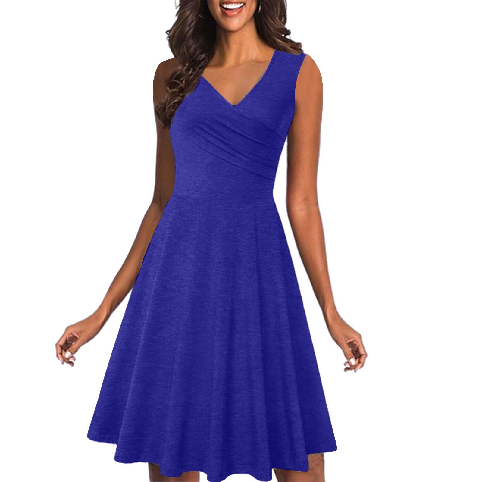 

V-neck Sleeveless Fashion Women s Summer Casual Elegant Medium Length Dress S синій