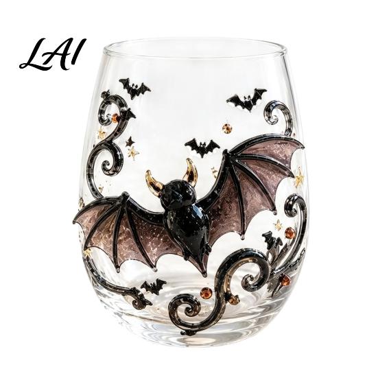 Gifts for Best Friends Halloween Artisan Glassware Bat/Wizard Hat/Scarecrow/Crow Hand Painted Goblet 420ml Glitter Glass Cup Capacity Borosilicate