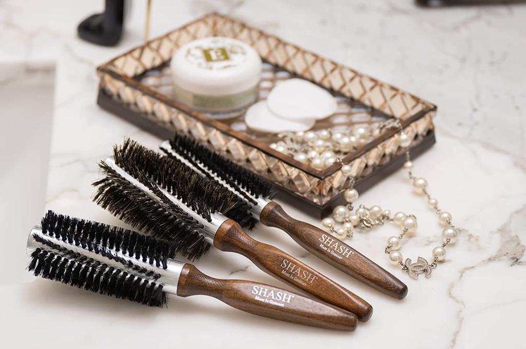 SHASH Roll Brush - Boar Bristle Hairbrush for Blow Drying and Styling, Sustainable Brown Beechwood Natural Hairbrush, Made In Germany