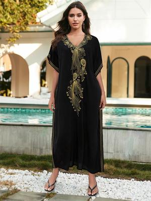 Χρυσό Κέντημα V Λαιμόκοψη Plus Size Kaftan Beach Maxi Φόρεμα 2024 Γυναικεία καλοκαιρινά καφτάνια Sexy beachwear μαγιό Cover Up Q1584