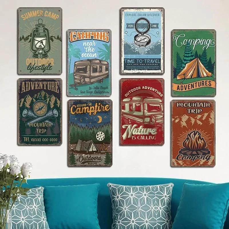 Camping  Adventure Plaques VintageMetal Tin Signs Plate Mountain Trip Campervan Tours Room Gym Sign Posters Wall Decor Travel