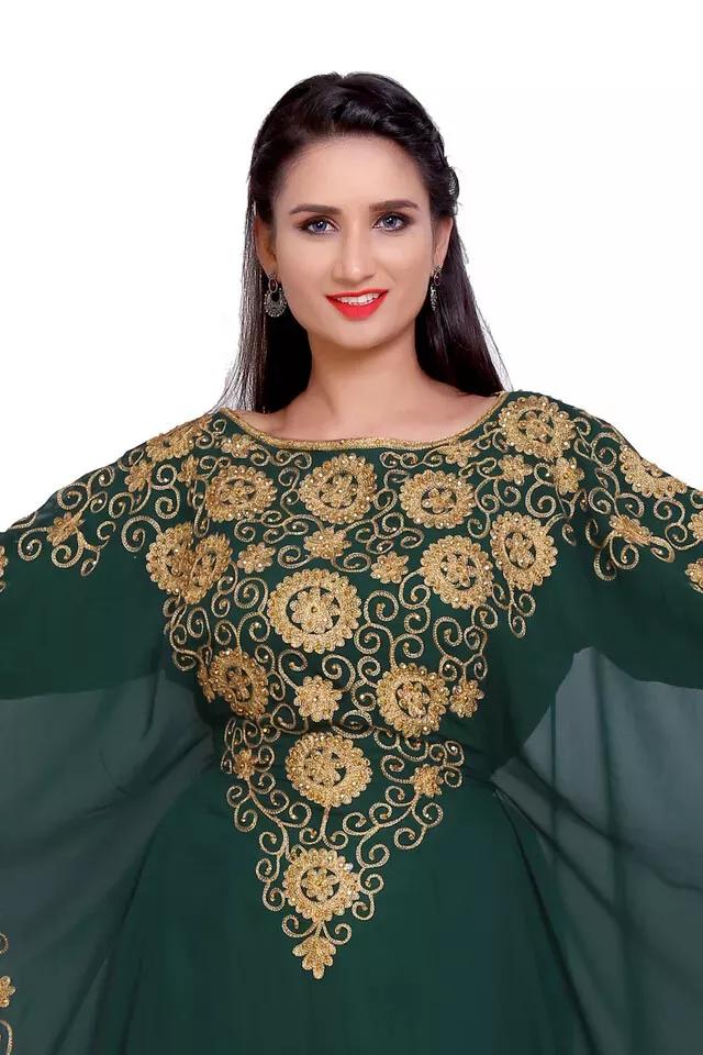 Green Moroccan Dubai Kaftan Stylish Farasha Abaya Dress Handmade Fancy Long Gown