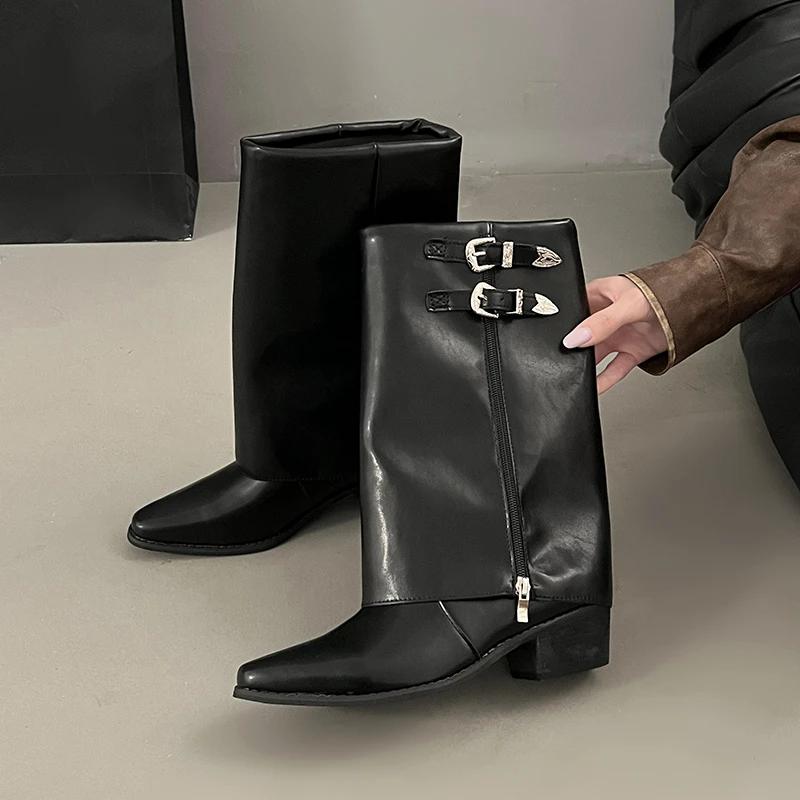 Punkové dámské gladiátorky vysoké boty Módní Zimní Nové Špičaté 2025 Trend Dámské Boty Středně Vysoké Robustní Designérské Motorkářské Boty