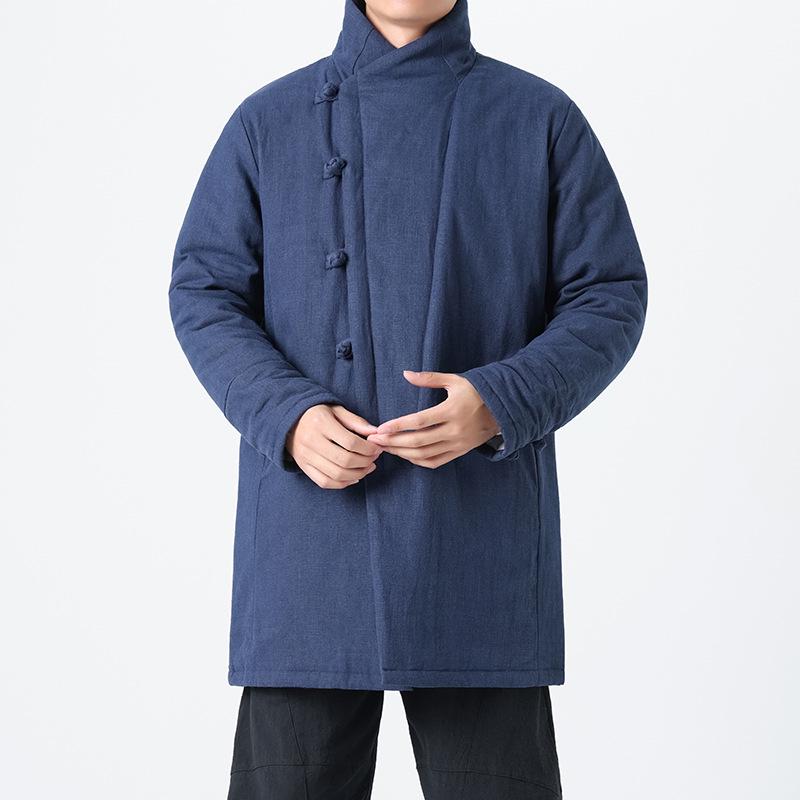 Pánská silná bavlněná lněná bunda v čínském stylu s žabími knoflíky, stojáčkem, střední délky, velikost Plus Size Tang oblek.