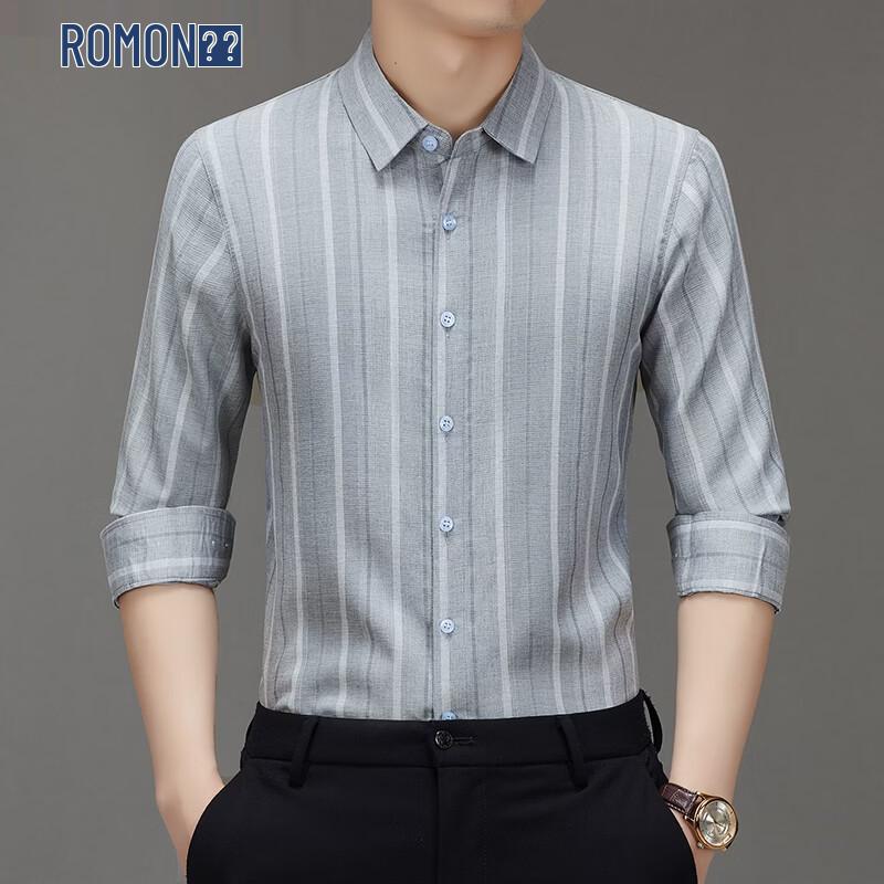 ROMON Men s Casual Striped Long Sleeve Linen Blend Shirt L