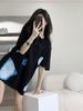 Women's Chic Oversized Black Short-Sleeve T-Shirt - Stylish Summer Mid-Length Top