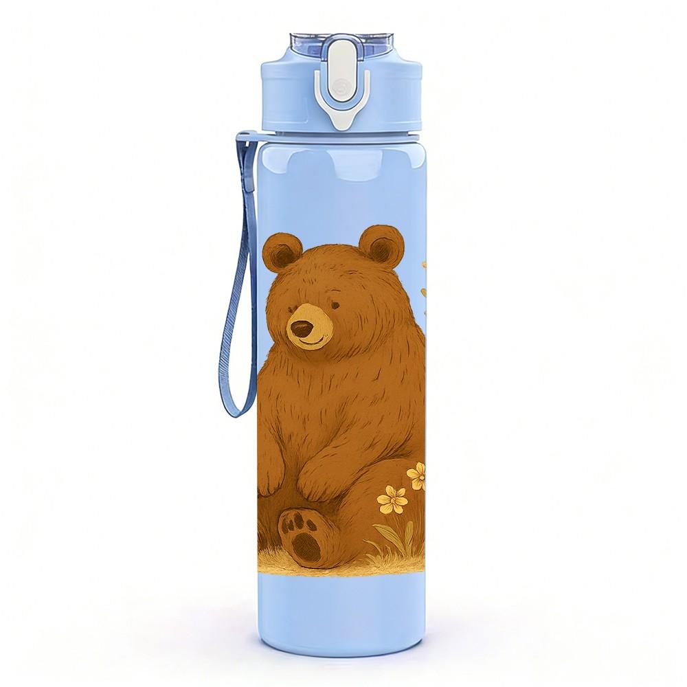 1PC Forest Brown Bear Illustration 750ml Color Plastic Sports Water Bottle Leakproof Flip Straw Lid Suitable for Sports Office Home Use