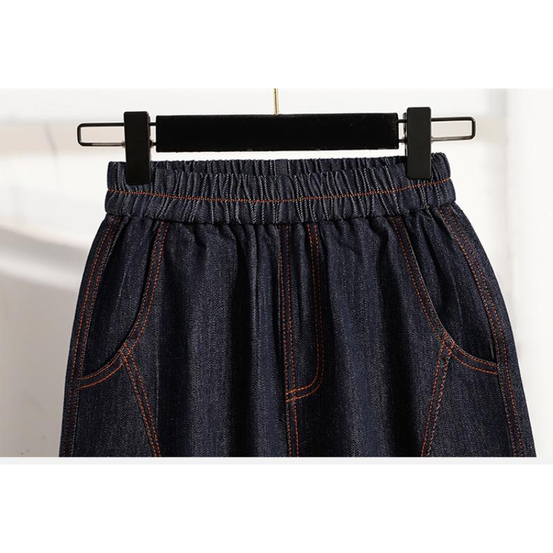 DIMANAF 2026 Spring Summer Plus Size Women Long Pants Denim Jeans Elastic Waist Oversize Loose Cotton Plaid Blue