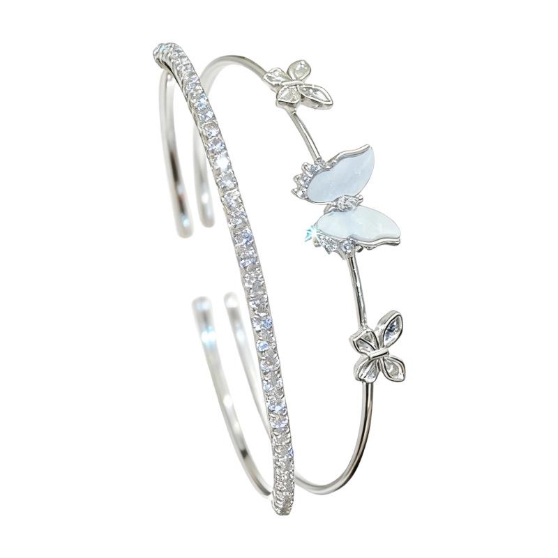 Exquisite Zircon Butterfly Double-Layer Open Bangle Bracelet