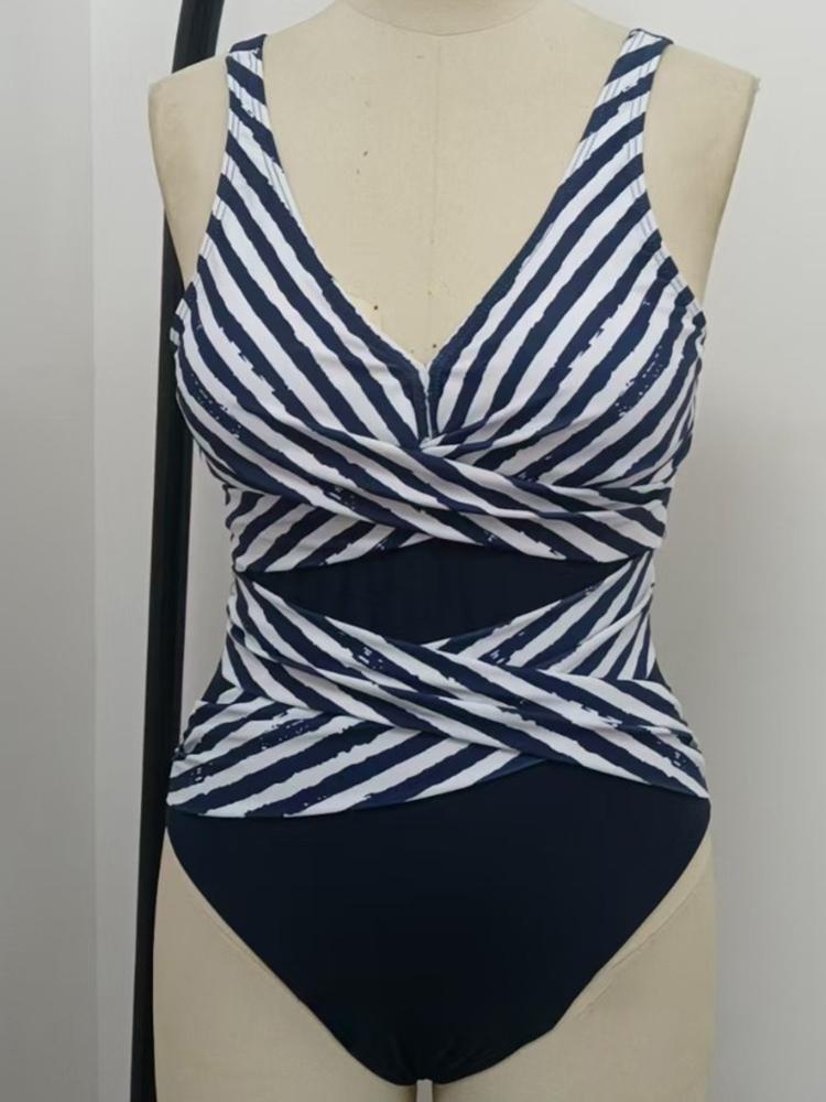 Swimsuit Women V-Neck Swimwear Spliced Striped Fashion One Piece Bodysuit Swimming Suit Summer Fashion Bathing Bikinis