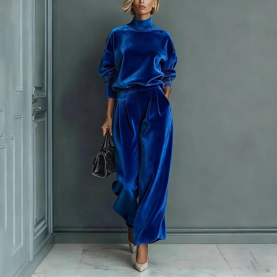 Women S Velour Tracksuit Long Sleeve High Neck Solid Wide Leg Pants