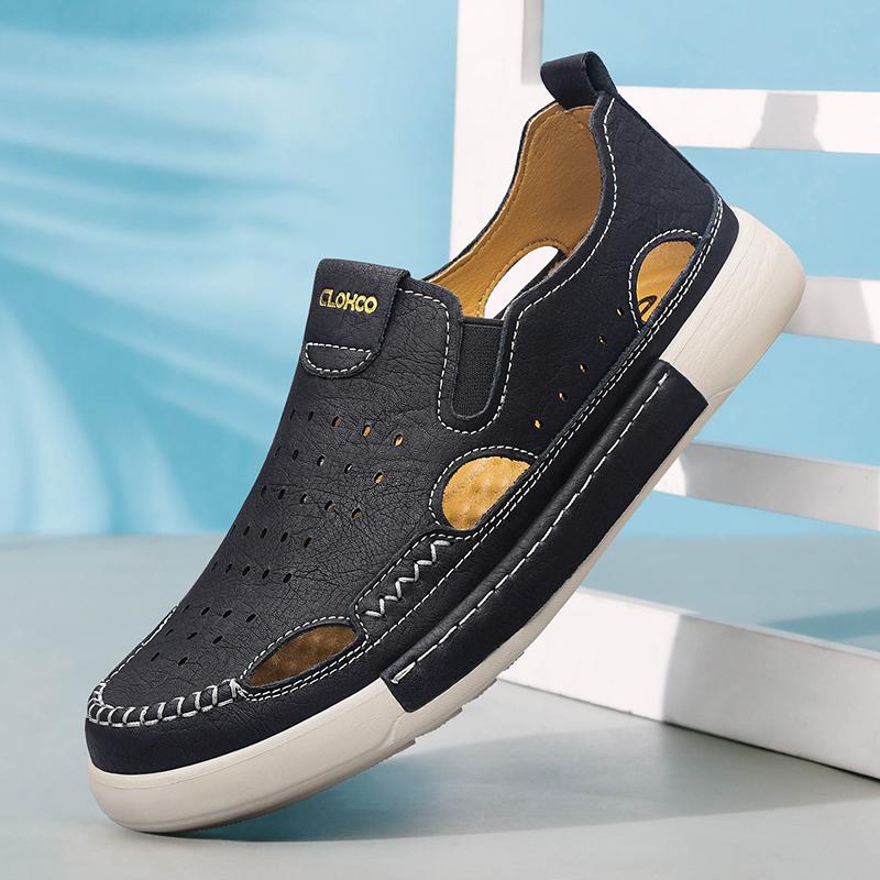 Sandale Casual din Piele pentru Bărbați, Durabile, Cusături Manuale, Pantofi cu Vârf Închis, Antiderapanți, Pentru Interior, Exterior, Plajă