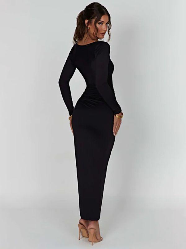 Sexy Square Neck Long Sleeve Bodycon Dress with Slit and Tie-up Design