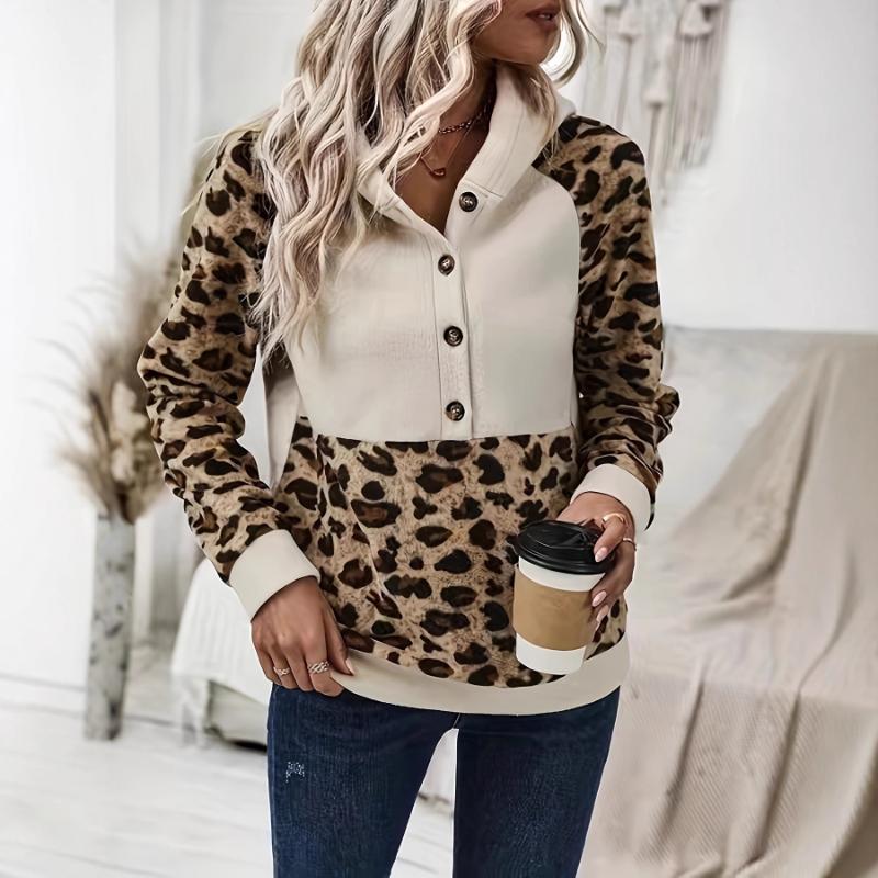 Style Autumn Winter New Leopard Print Long Sleeve Spliced Hooded Casual Versatile Pullover Hoodie Women
