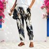 Women Plus Size Loose Straight Long Pants Blue White Printed With Pockets